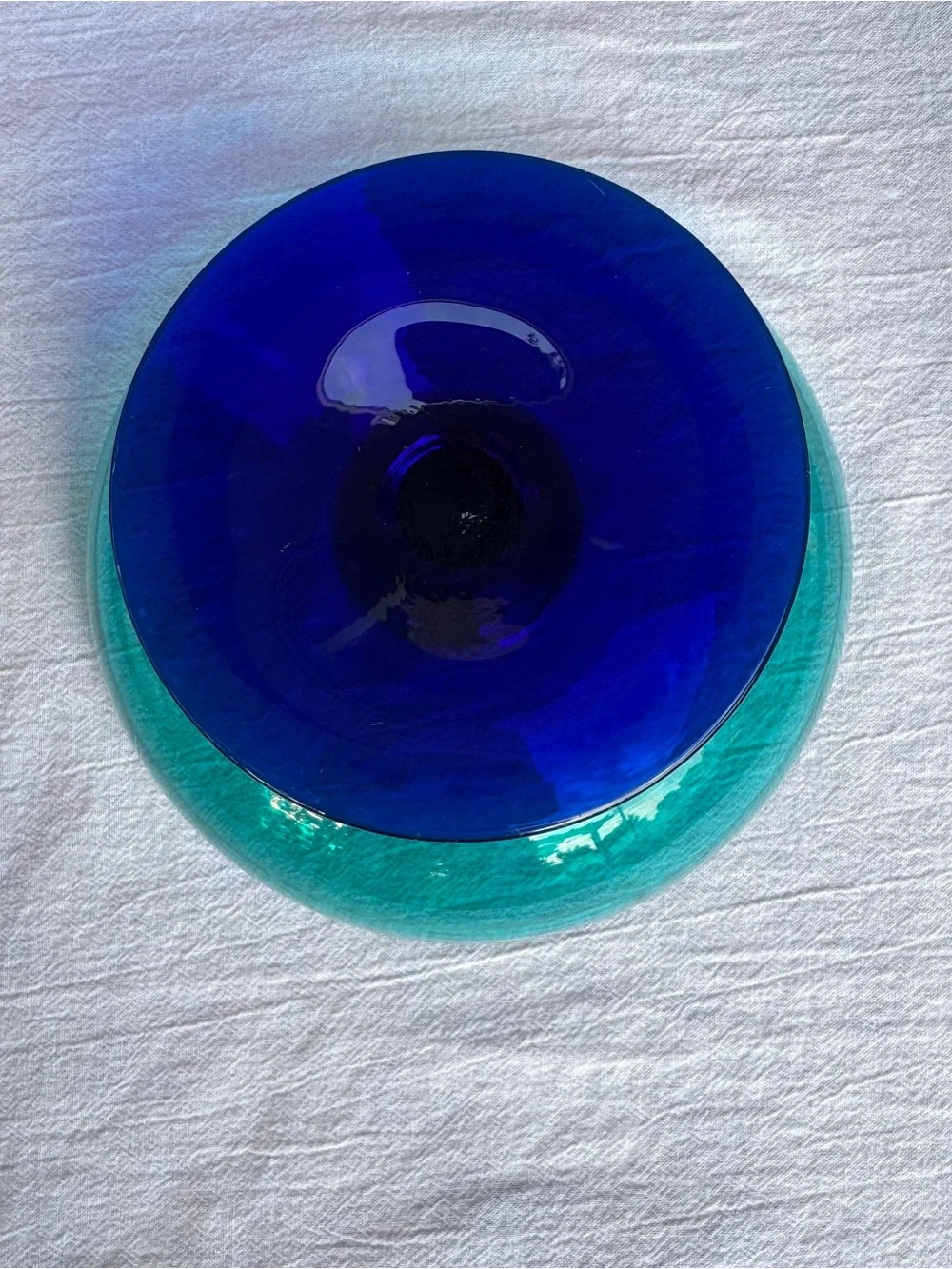 Vintage Teal & Cobalt Blue Art Glass Pedestal Bowl 8”